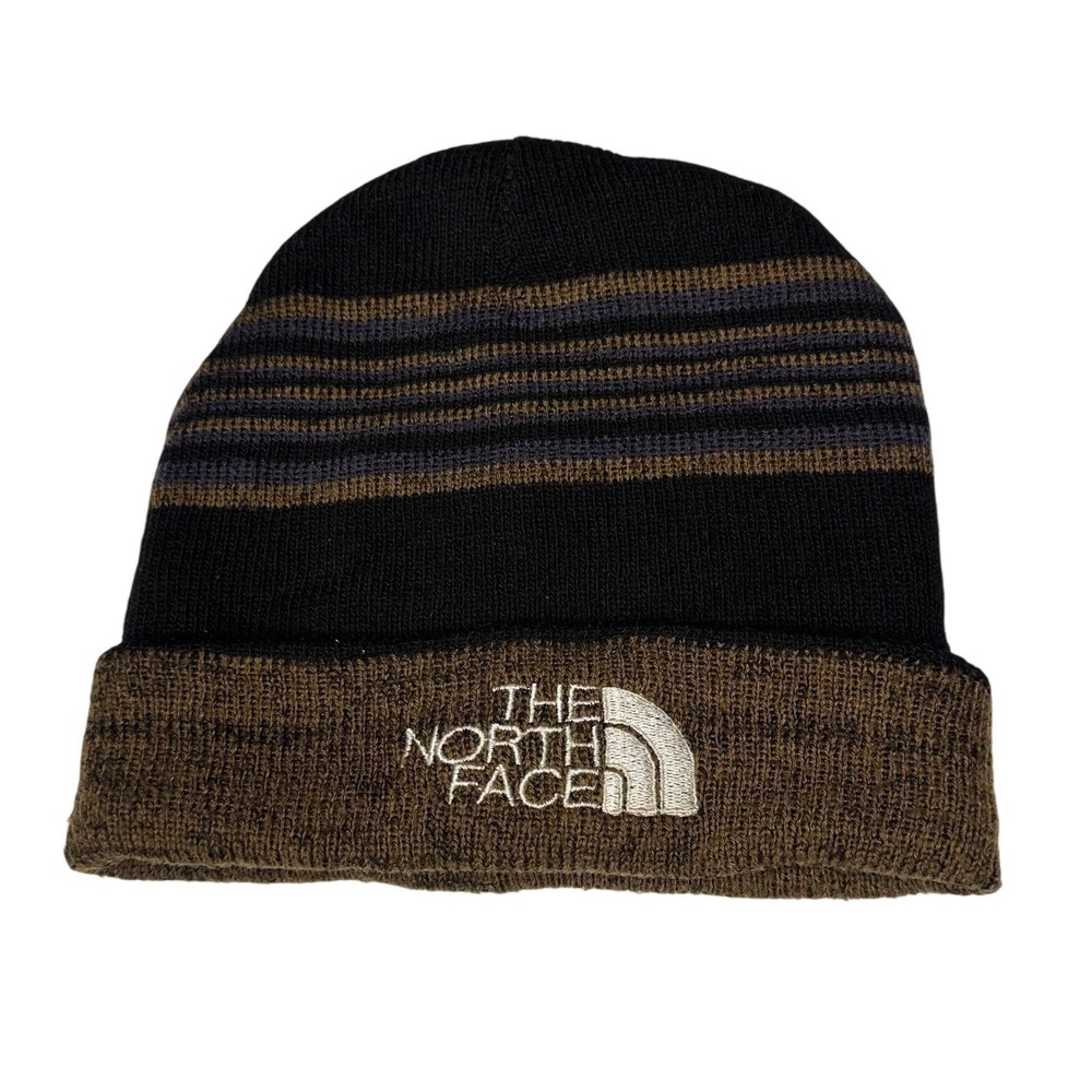 The North Face Striped Fleece Lined Beanie Knit Hat Black Brown Purple Logo